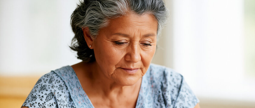 A thoughtful elderly woman with gray hair and a concerned expression, looking downwards with a pensive gaze