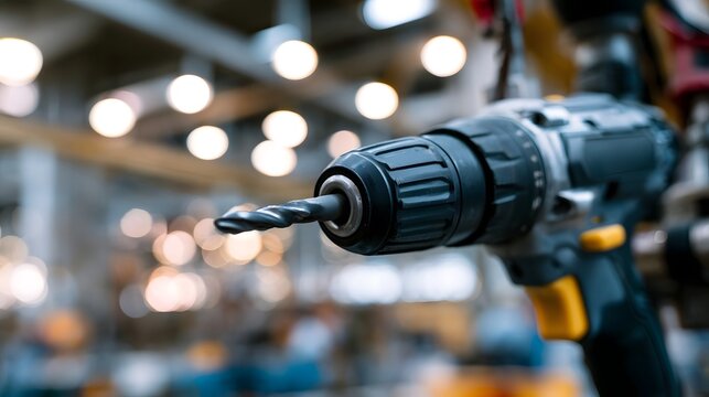 A close up view of an industrial electric drill and bit on a workshop surface under bright factory lighting