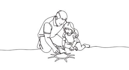 Obraz premium Father and Daughter Drawing Sun Together, One Line Art