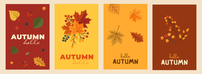 Set of autumn greeting cards with colorful foliage and berry illustration. Seasonal poster design with maple leaf and oak leaf for harvest festival. Fall foliage template for social media. © Helena