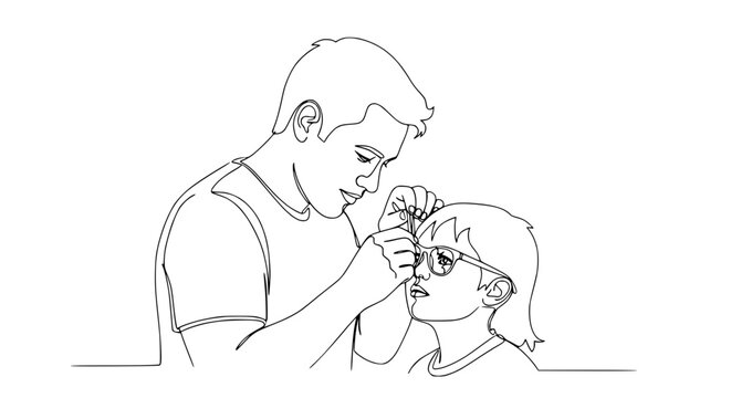 Father adjusting child's glasses, continuous line drawing, family care, vision check