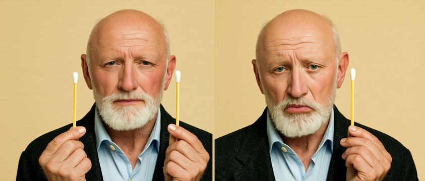 A diptych showing a senior man holding a cotton swab in each ear. In the left panel, his expression is neutral. In the right panel, his expression is sad and downturned