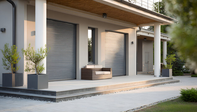 Modern home exterior, featuring a porch with two roller shutters. Plants in square planters add greenery to the scene