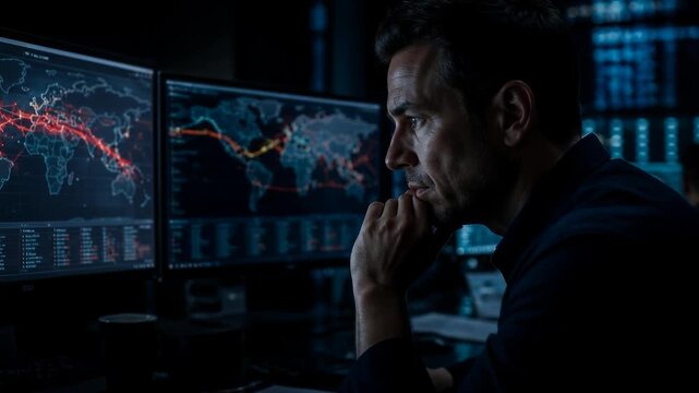 Man analyzes global data on computer screens in a dark control room, focused expression, technology and strategy
