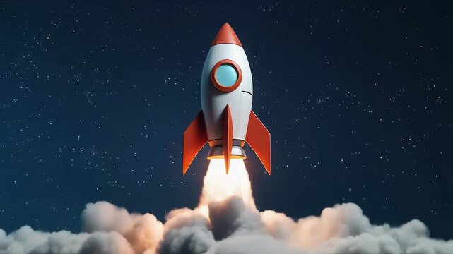 Cartoon-style rocket launching into starry night sky with clouds and flames, whimsical futuristic toy-like design, dramatic lighting