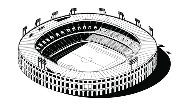 Large stadium with multiple seating rows and lighting towers