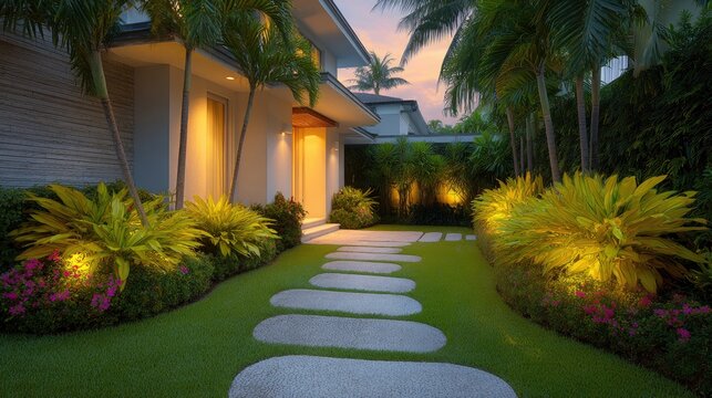Serene Outdoor Garden Pathway with Lush Greenery and Soft Evening Lighting, Perfect for Relaxation and Tranquility in a Suburban Setting