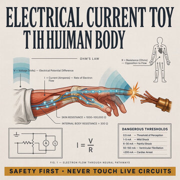 Advanced STEM educational poster illustrating hand contact with an electrical source, electron flow, voltage and current labels, scientific equations, and detailed safety-focused visuals.