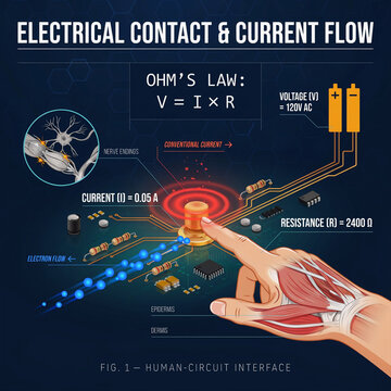 Advanced STEM educational poster illustrating hand contact with an electrical source, electron flow, voltage and current labels, scientific equations, and detailed safety-focused visuals.