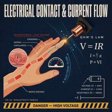 Advanced STEM educational poster illustrating hand contact with an electrical source, electron flow, voltage and current labels, scientific equations, and detailed safety-focused visuals.