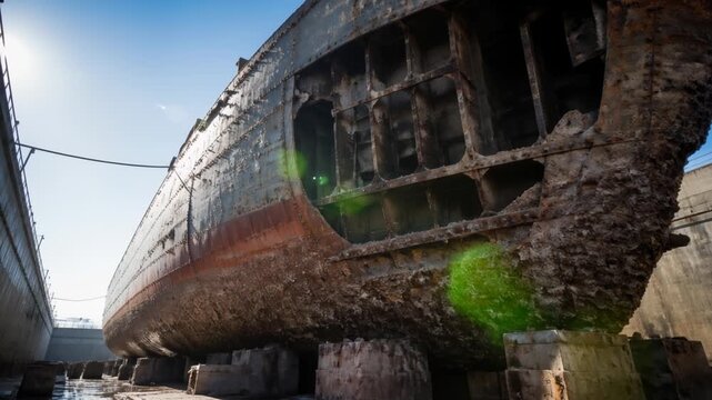 Massive Rusted Ship Hull in Dry Dock Under Brilliant Sun, Showing Industrial Decay and Maritime History