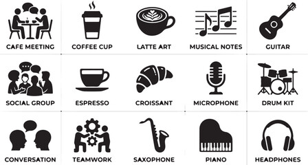 A set of black and white vector graphic icons depicting various lifestyle activities musical instruments and social interaction concepts displayed © Shehzad 