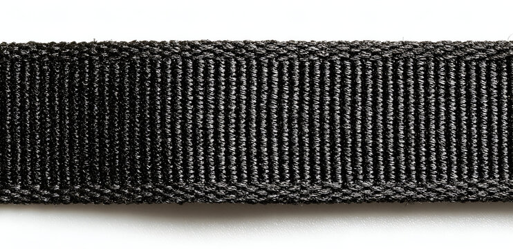 Close-up of a woven black fabric with a ribbed texture, slightly off-center on a bright white background. The texture is rough