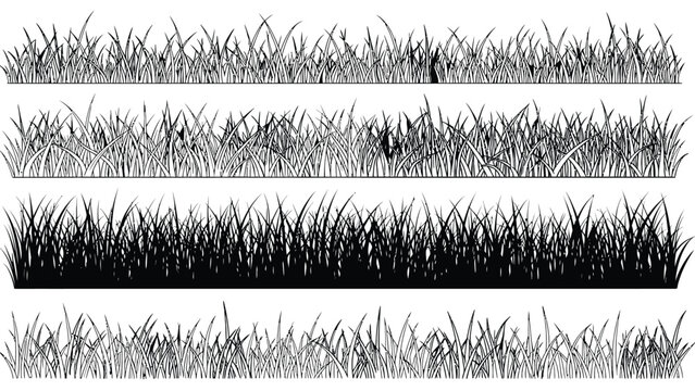 Natural grass border collection featuring different growth patterns and line weights in black and white sketch style for landscape and garden design elements.