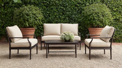 Fototapeta premium Elegant outdoor seating arrangement with neutral cushions, surrounded by lush greenery, perfect for relaxation and gatherings in a serene garden setting