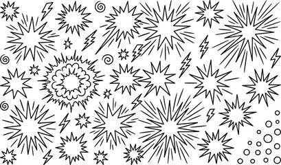 Comic Book Explosion Burst and Retro Speech Bubble Line Icon Set Featuring Lightning Spark Elements © Shukimon