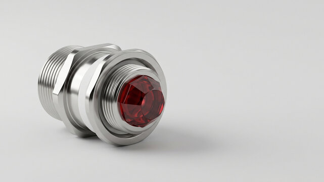 Silver metal threaded adapter with red hexagonal plug on light background with copy space