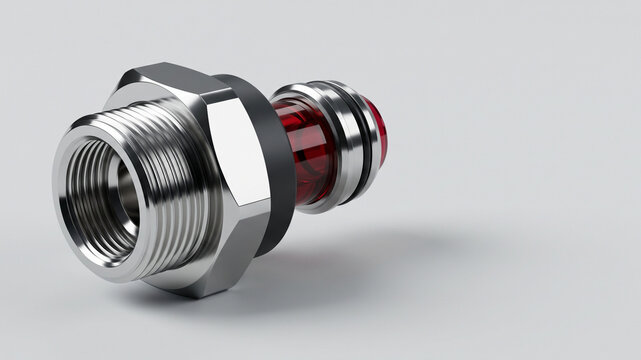 Silver metal threaded connector with red tube and black rubber rings on light background with copy space