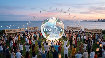International peace day celebration with diverse crowd and globe