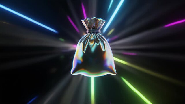 Iridescent drawstring bag floating against a dark background with colorful neon light rays radiating outward, glossy metallic surface and dramatic reflections