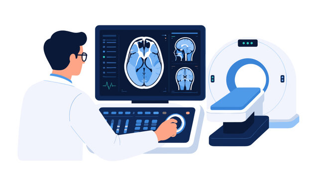 Doctor Analyzing Brain Scans On Diagnostic Screen.