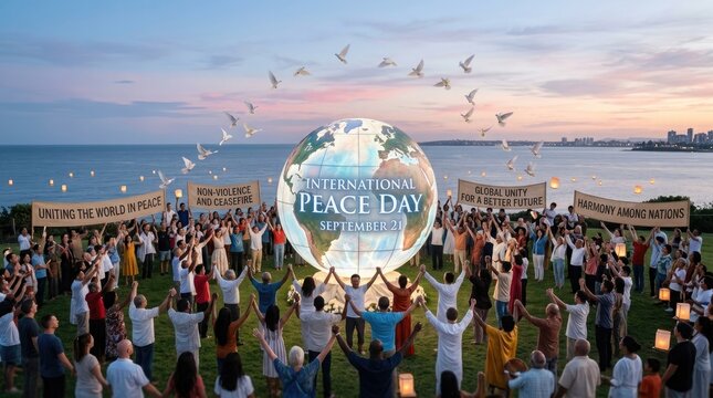 International peace day celebration with diverse crowd and globe