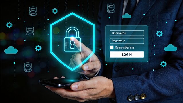 Cyber security login protection with digital shield and padlock icon, data privacy concept, secure authentication process, online safety firewall, network encryption technology