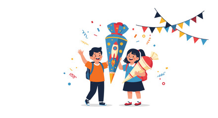 Fototapeta premium Happy boy and girl celebrating the first day of school with traditional colorful school cones and festive decorations.