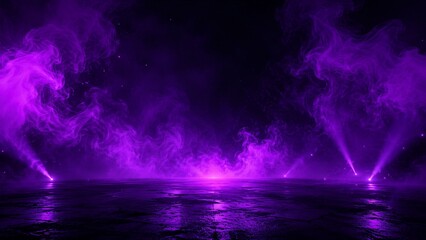 Purple smoke swirling across empty stage with spotlights