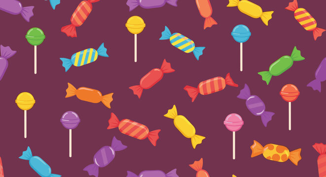 Fun seamless pattern of colorful wrapped hard candies and lollipops scattered over a dark purple background vector.