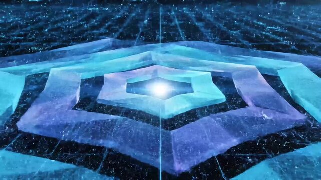 Futuristic glowing hexagonal platform in an icy blue cavern with cascading light particles and a bright central light