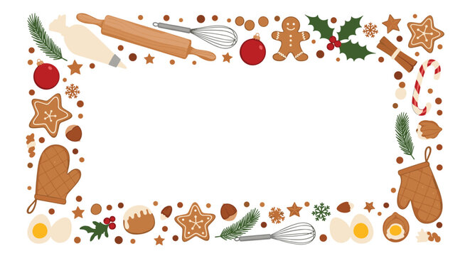 Christmas baking theme border frame with gingerbread cookies, rolling pin, whisk, and holiday decorations on white.