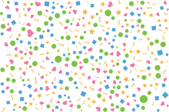 Colorful confetti pattern with stars hearts squares and circles on a white background
