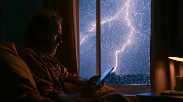Medium shot of a focused weather forecaster holding a tablet by a rainstreaked window with vivid lightning outside dimly lit home office featuring dark curtains and subtle desk