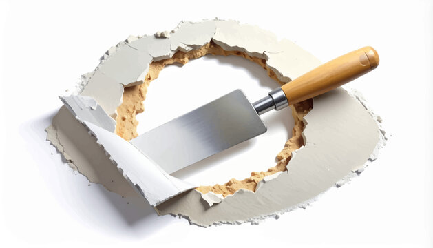 Spatula tool repairing damaged drywall plasterboard with a circular hole