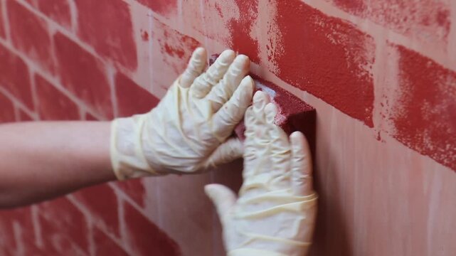 Primo piano di un artigiano edile con guanti protettivi bianchi mentre esegue con precisione la stuccatura e la finitura dei giunti di un muro in mattoni rossi faccia a vista.