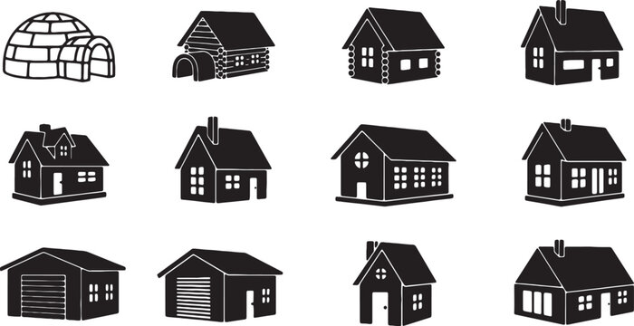 Vector illustration of various house silhouettes including an igloo, log cabins, residential buildings, and garages, isolated on a white background for icons and graphic design.