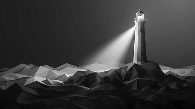 Monochrome geometric lighthouse illuminating rocky coastline at night