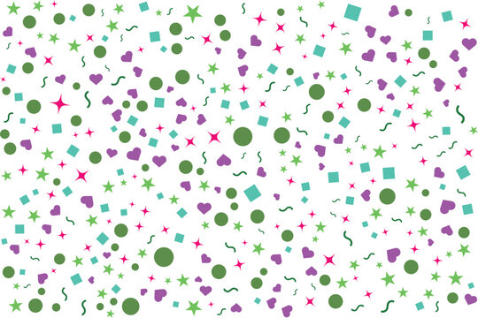 Festive confetti scatter pattern vibrant green pink and teal shapes on white background