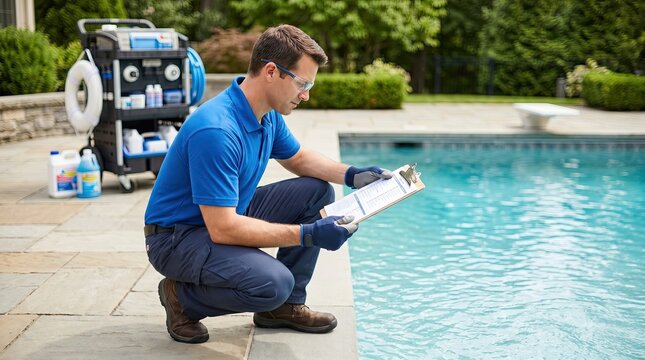 Pool pro checks list near blue water ensures safety concept. Pool technician inspects water quality with clipboard beside a clean swimming pool.