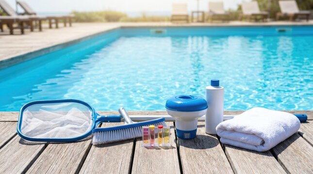 Pool pro checks list near blue water ensures safety concept. Pool cleaning tools arranged near a sparkling swimming pool on a sunny day.