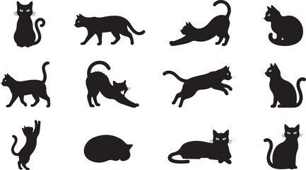 Simple black vector graphic illustration featuring twelve different feline silhouettes in various playful poses for creative design and print projects © Shehzad 