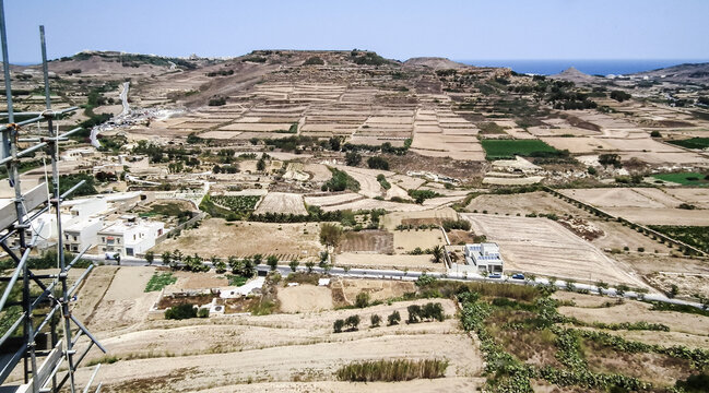 View of surrounding area from fortress wall of Citadella de Victoria Citadel in Rabat Victoria town on Gozo Island in Malta