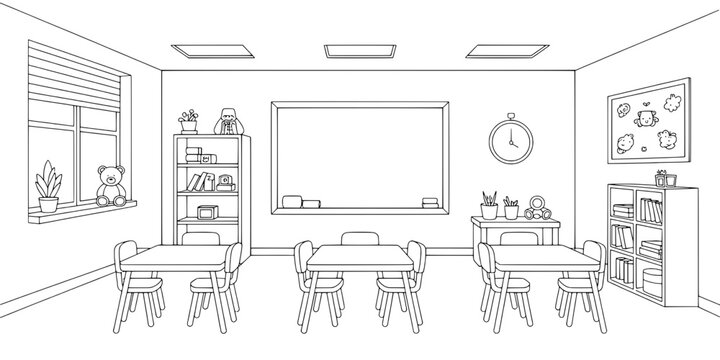 Classroom with Desks, Chairs, Bookshelves, and Educational Materials in a School Setting Featuring Teaching, Learning, Students with Teacher And