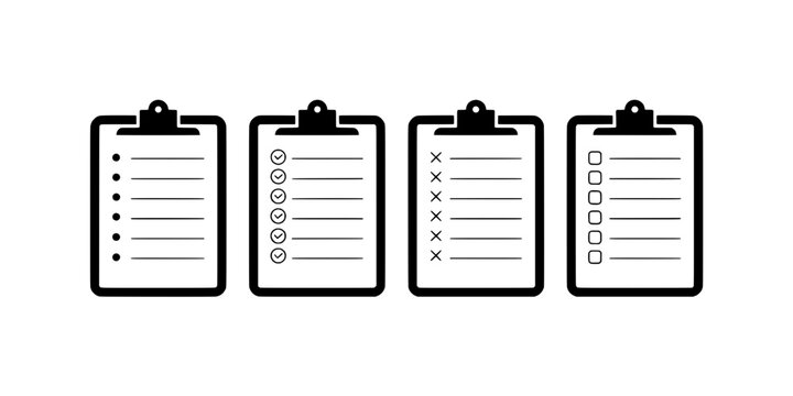 Clipboard Checklist Icon Set with Pencil Doodle Marks, Office Document Form Symbols, Minimal Flat Vector Design for Reports
