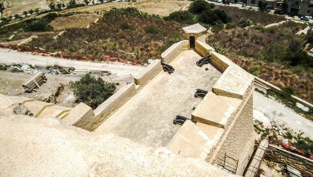 View of artillery platform of fortress wall of Citadella de Victoria Citadel in Rabat Victoria town on Gozo Island in Malta