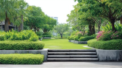 Fototapeta premium Lush Green Garden Pathway Surrounded by Vibrant Foliage and Beautiful Landscaped Flowers Under a Clear Sky