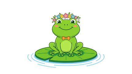 Fototapeta premium Cute green frog wearing a flower crown sitting on a lily pad