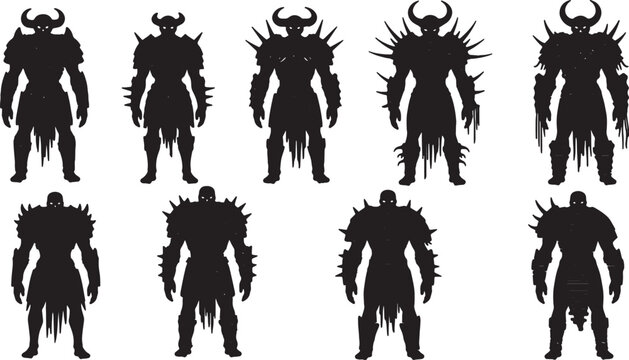 Collection of nine black silhouettes of fantasy armored warriors and horned demons standing in rows, featuring spiked shoulder plates, helmet horns, and tattered clothing on a white background.