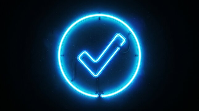 "Glowing neon check mark in circular outline, symbolizing confirmation, approval, and digital success with modern aesthetic in green-blue illumination against dark background."